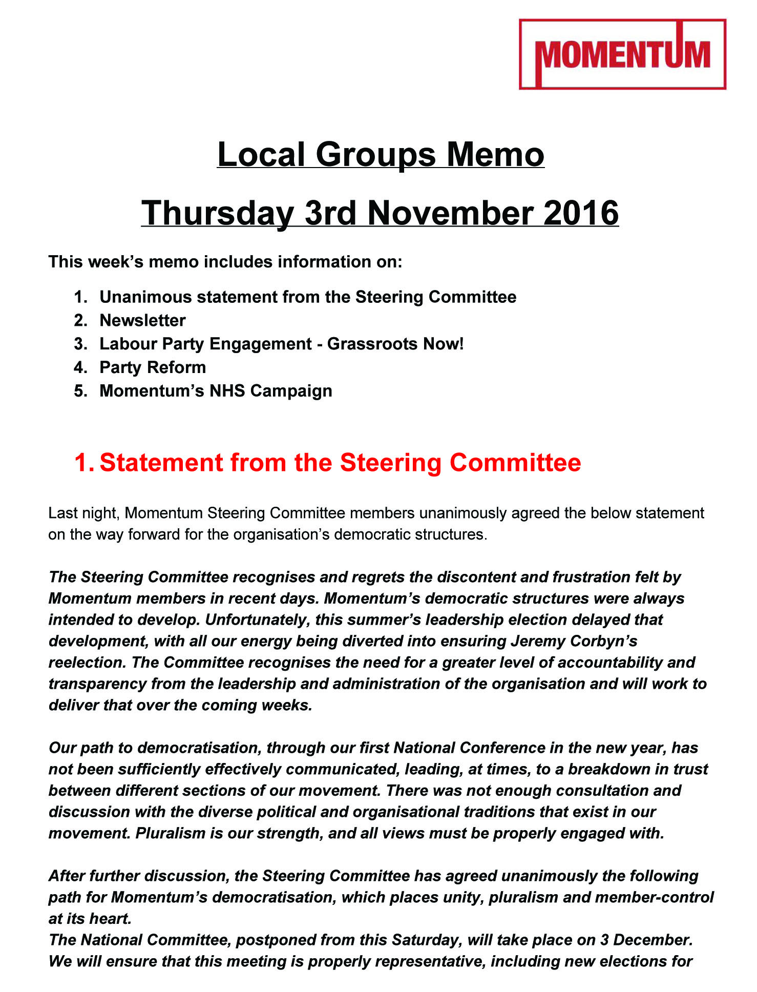 Momentum Local Groups Memo November 3 2016